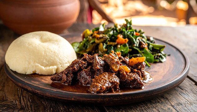 Zimbabwean Sadza Cornmeal with Beef Stew. Traditional African Food