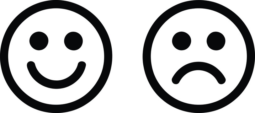 Two simple circular icons showing contrasting emotions of happiness and sadness side by side for communication