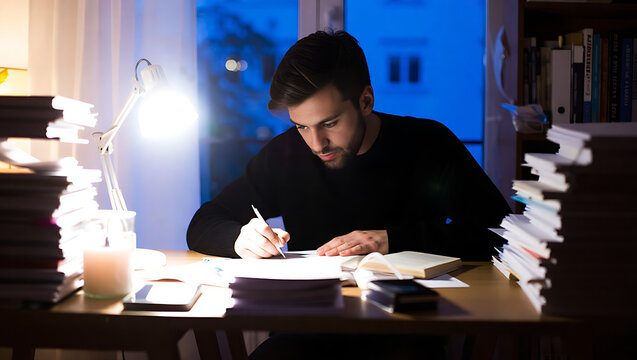 Young man with beard concentrated on writing on notebook at cluttered desk with stacks of books and lamp light at night