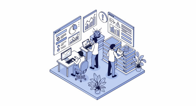 Isometric IT Infrastructure and Data Analysis Illustration of Professionals Working in a Modern Server Room Monitoring Performance Charts