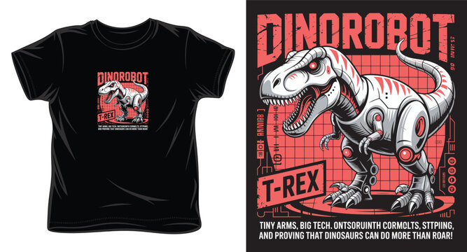 Cybernetic t-rex dinosaur robot t-shirt design on black background.