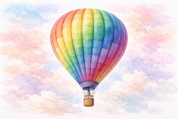 Naklejka premium Watercolor painting of a vibrant rainbow colored hot air balloon floating gracefully in a pastel sky