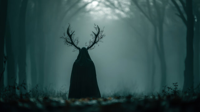 Silhouette of frightening creature with deer's antlers