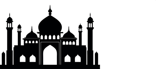 Black silhouette of a mosque with domes and minarets isolated on white background © KULSUMA
