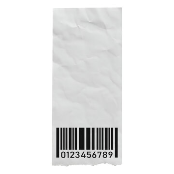 White crumpled receipt with a barcode and numbers 0123456789 on a white background paper texture