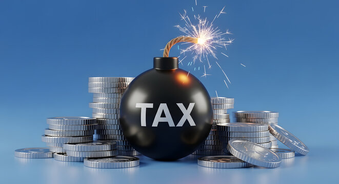 Tax burden conceptual 3D illustration | Financial risk and taxation bomb | Money management and tax debt crisis | Economic explosion metaphor with coins