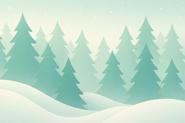 Obraz premium Flat of a winter forest with layered pine trees, snow-covered hills, and falling snowflakes in shades of mint green and white