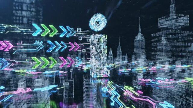 Futuristic digital city with data stream and technology concept reflecting in water for internet and innovation