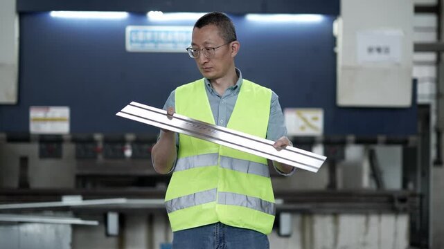 Factory worker inspecting metal profile quality in industrial workshop