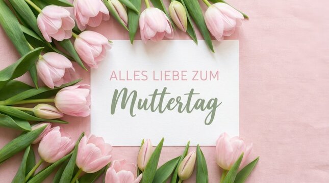 A high-angle flat lay photograph of a white greeting card featuring the German phrase Alles Liebe zum Muttertag, artfully framed by a vibrant collection of delicate soft pink tulips on pink fabric.