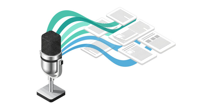 Isometric Microphone with Flowing Waves Converting Voice to Text Documents