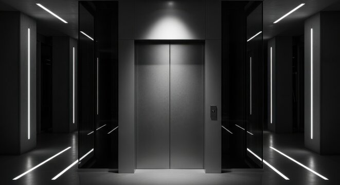 Sleek Charcoal Grey Anodized Aluminum Elevator Doors with Dramatic Uplighting in a Modern Architectural Interior