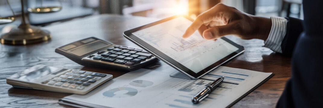 Tax consultant analyzes financial data using a tablet in a modern office