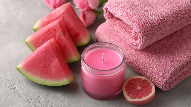 Watermelon slices and pink towels with candle on gray background  