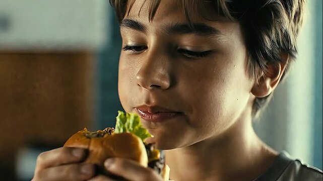 Young boy devouring a juicy hamburger with enthusiasm in a close-up shot for fast food indulgence concept and childhood enjoyment
