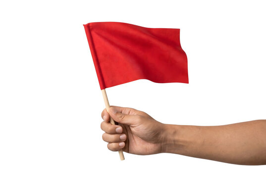 Hand holding a small waving rectangular red flag on a stick. Isolated on transparent background, png