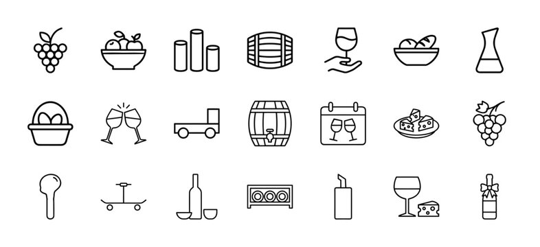 Minimalist winery and viticulture line icon set for beverage industry branding