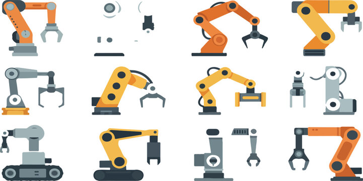 Factory robot arms and cranes set for manufacturing industry, flat automation machinery and mechanical control equipment vector collection