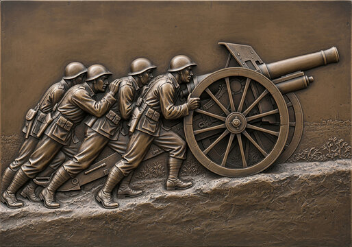 Bronze bas relief sculpture showing four military soldiers pushing heavy field artillery gun