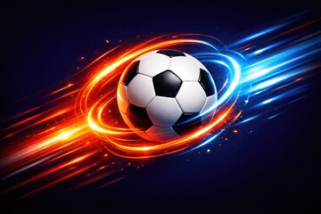 Naklejka premium Soccer ball centered in a dark background, surrounded by glowing, orange and blue, light trails, circular, motion effects, and, dynamic energy streaks