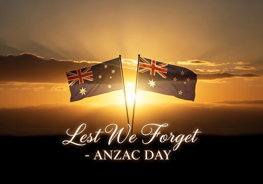 Anzac day memorial with flags at sunset golden hour