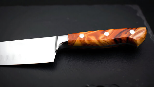 Professional chef knife with elegant orange marble resin handle on black stone background for culinary marketing