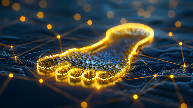 Corporate ESG concept featuring a carbon footprint symbol on a tech grid
