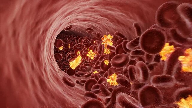 Microscopic science view of flowing stress hormone cortisol molecules inside blood vessel, dynamic biological concept