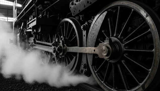 Close Up View Of Powerful Steam Locomotive Wheels With A Rising Vapor