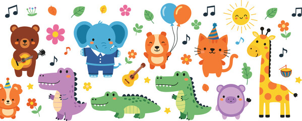 Fototapeta premium Cute jungle animals cartoon collection with elephant giraffe crocodile dinosaur fox and bear characters playful kids vector illustration set