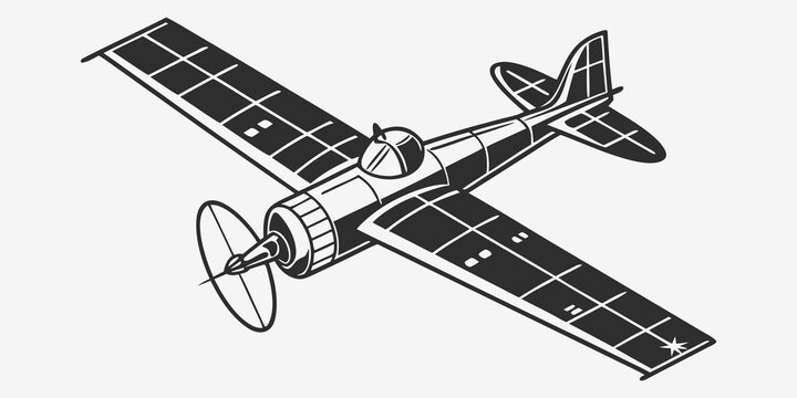 Black and white graphic drawing of a classic propeller aircraft in flight with airplane aircraft propeller aviation aeronautics transportation aerospace historical illustration isolated