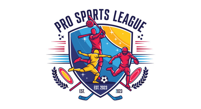 Vibrant shield logo for a 'Pro Sports League' established in 2023, featuring stylized athletes from baseball, soccer, and track, with various sports equipment.