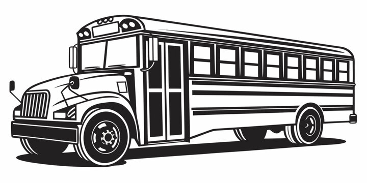 Black and white vector illustration of a generic school bus side profile with public transport back to school yellow bus education system transportation education illustration isolated