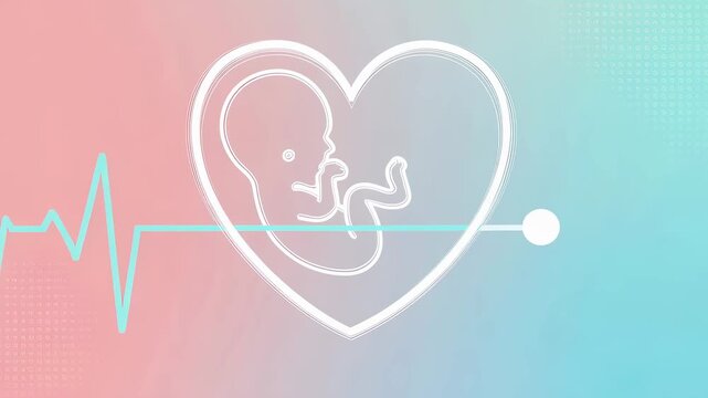 Fetal development icon showing heartbeat and embryo inside heart shape. Medical monitoring of pregnancy animation for clinical education and healthcare technology.