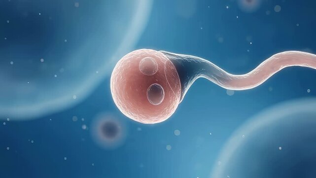 Sperm cell approaching an egg for fertilization. Microscopic view of biological conception process. Genetic engineering and reproductive medicine concept art.