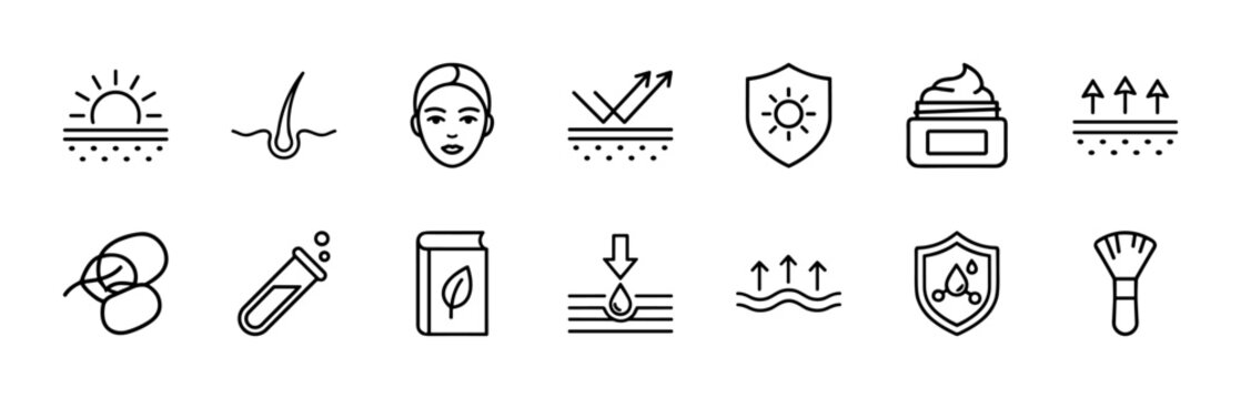 Minimalist skin care and dermatology line icons for beauty web design