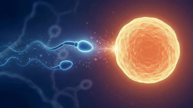 Sperm cells swimming towards an egg cell for fertilization. Scientific animation of conception process. Medical biology research of human reproduction and biology.