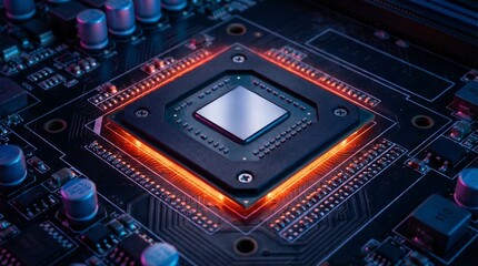 Fototapeta premium A vibrant top down view of a computer processor with glowing orange accents showcasing advanced technology and intricate circuitry
