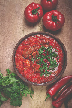 Chashushuli, a traditional Georgian dish, spicy, stewed meat with tomatoes and spices, homemade, no people,