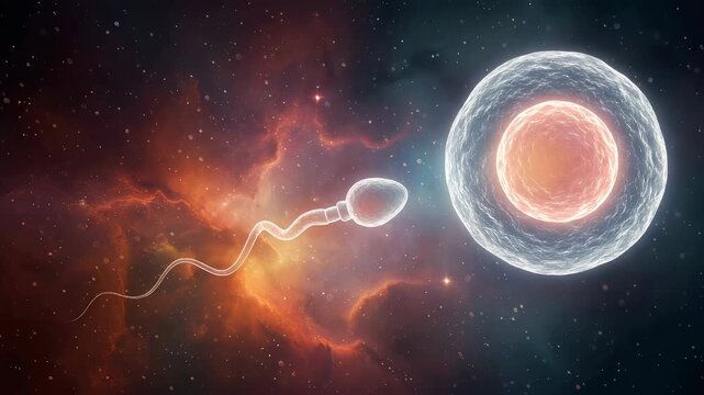 Spermatozoon approaching egg cell. Process of fertilization of human ovum. Biological reproduction and medical conception concept for assisted reproductive clinic.