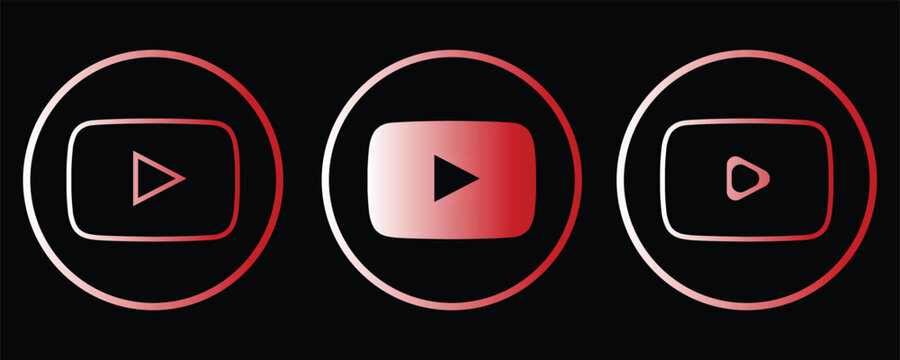 Set of Red Gradient Video Play Button Icons for Media Streaming Online Entertainment Social Content Marketing and Digital Interface Design Isolated on Black Background.