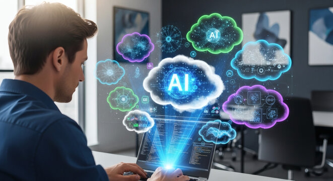 A man working on a laptop with AI graphics floating above the screen in a modern office