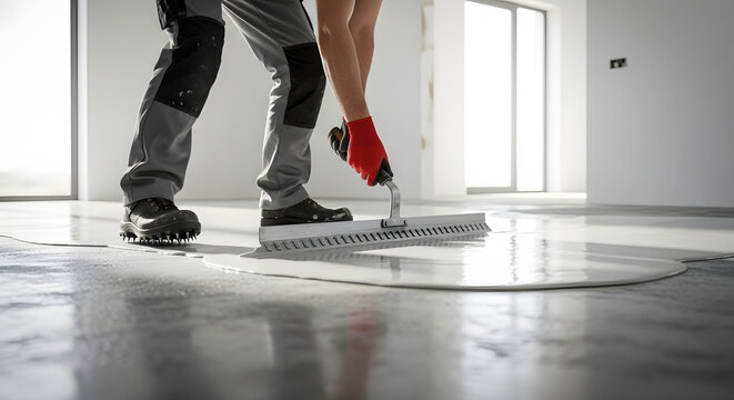 Professional self-leveling floor installation | Applying white epoxy resin coating | Construction worker using notched floor squeegee | Spiked shoes for epoxy floor application