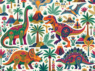 Colorful Folk Art Dinosaur Seamless Pattern with T-Rex and Volcanoes - Vibrant Prehistoric Nature Textile Background © Andi