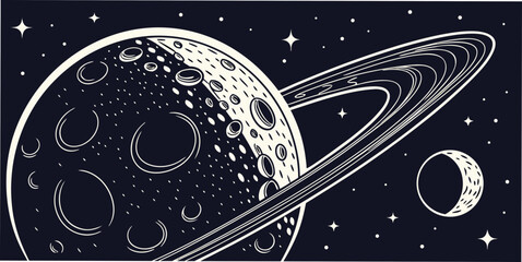 Stylized illustration of a ringed planet and moon in outer space with solar system black hole universe astronomy celestial illustration supernova astrology exploration discovery © Riya