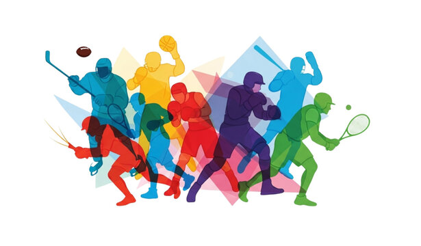 Abstract colorful athletes silhouettes multi sport background vector football basketball tennis boxing design