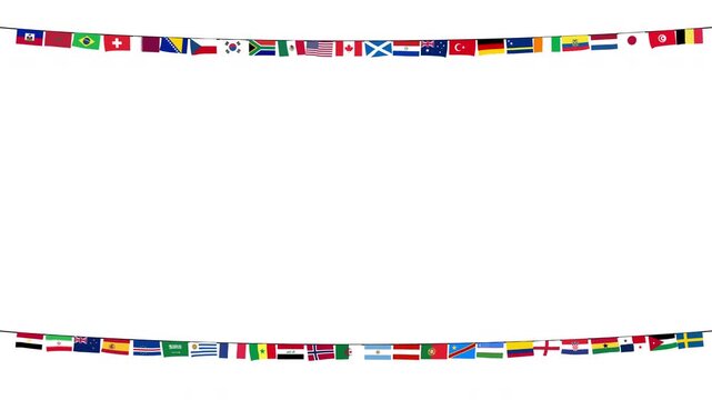 Flags of 48 countries hanging and swaying from two strings. Animation of the flags of the 48 countries selected for the FIFA World Cup 2026 flying in the wind.