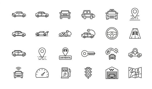 Car line icon collection with vehicle electric taxi race and transportation UI outline vector set