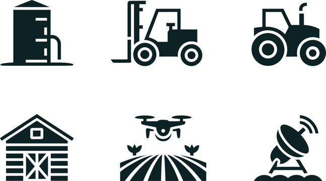 Collection of agricultural equipment and farming technology icons featuring tractors barns drones and satellite dishes