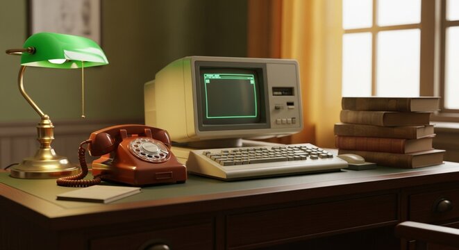 Photorealistic Vintage Retro Office with Classic Telephone and Old Computer, Featuring Nostalgic Colors and Dated Charm